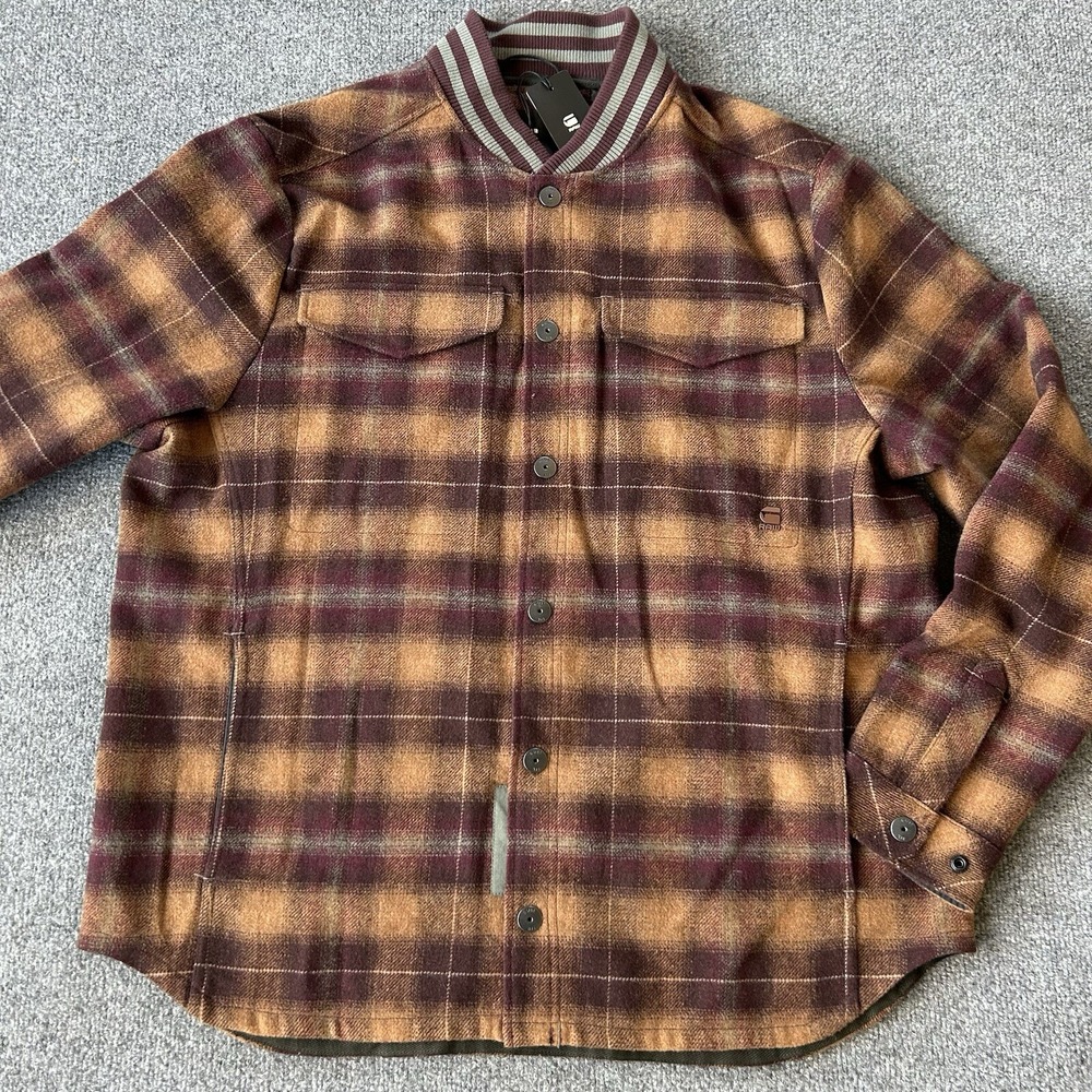 G-Star Raw Jacket Men Extra Large Bomber Collar Overshirt Shacket Fig Check Wool
